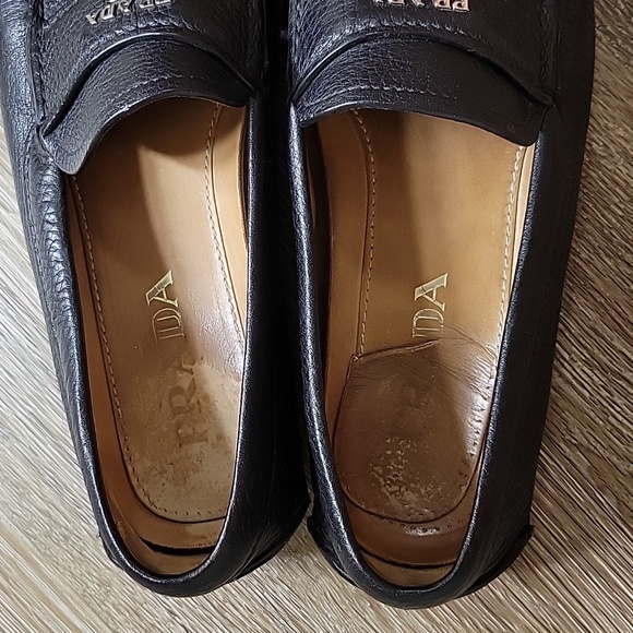 Prada Milano Black Pebbled Leather Penny Loafers Driver Shoes Logo Men's 5 GUC - Picture 8 of 13